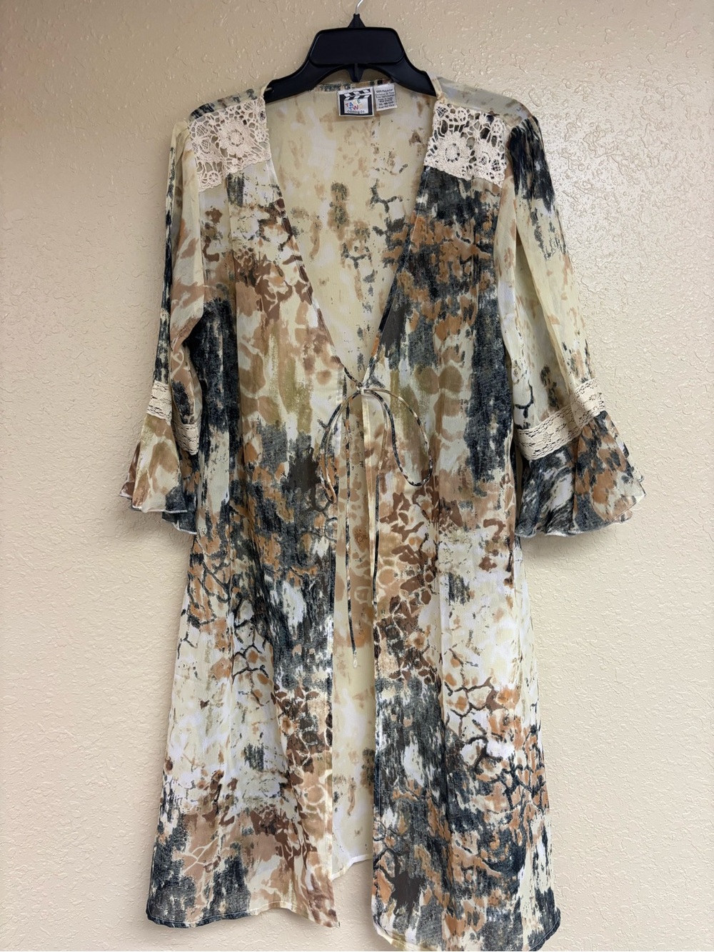 Lace-Trim Boho Tie-Front Tunic - Beige Multi